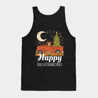 Happy HalloThanksMas Santa in Red Christmas Truck Bats Moon Tank Top